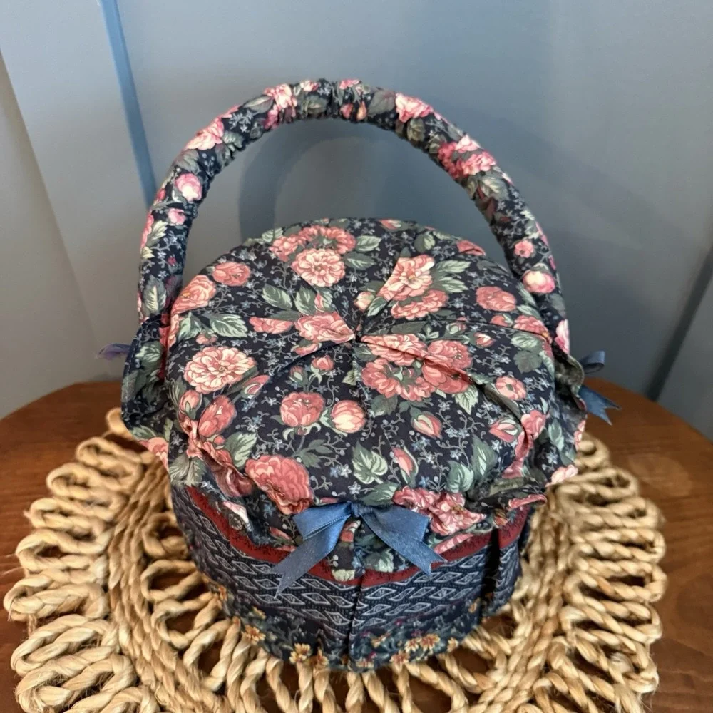 Vintage Floral Padded Sewing Box Basket Hinged Handle Round Blue Lined Grandma